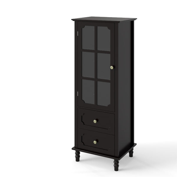 English Elm Black Narrow Farmhouse Cabinet Tempered Glass Door Brass Hardware Adjustable Shelving W2557P465809