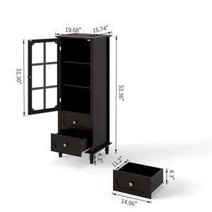 English Elm Black Narrow Farmhouse Cabinet Tempered Glass Door Brass Hardware Adjustable Shelving W2557P465809