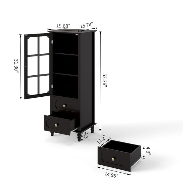 English Elm Black Narrow Farmhouse Cabinet Tempered Glass Door Brass Hardware Adjustable Shelving W2557P465809