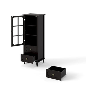 English Elm Black Narrow Farmhouse Cabinet Tempered Glass Door Brass Hardware Adjustable Shelving W2557P465809