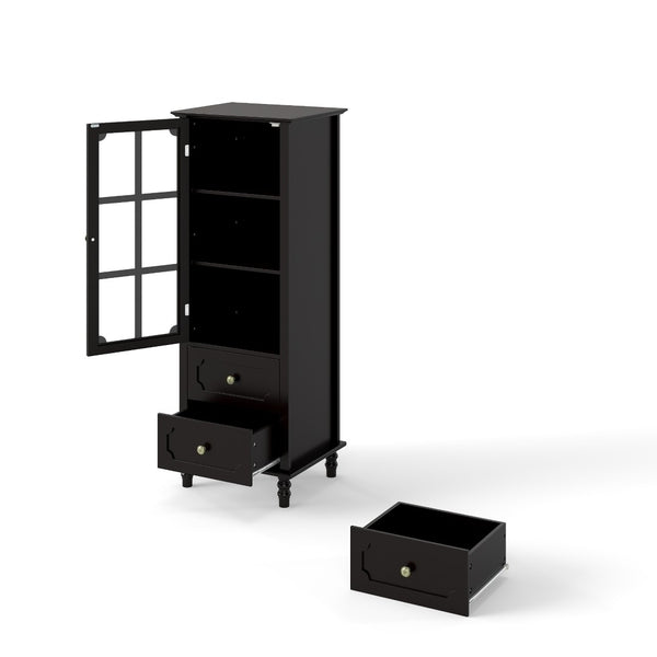 English Elm Black Narrow Farmhouse Cabinet Tempered Glass Door Brass Hardware Adjustable Shelving W2557P465809