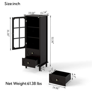 English Elm Black Narrow Farmhouse Cabinet Tempered Glass Door Brass Hardware Adjustable Shelving W2557P465809