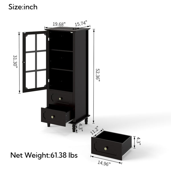 English Elm Black Narrow Farmhouse Cabinet Tempered Glass Door Brass Hardware Adjustable Shelving W2557P465809