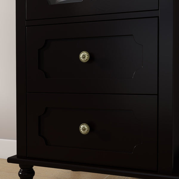 English Elm Black Narrow Farmhouse Cabinet Tempered Glass Door Brass Hardware Adjustable Shelving W2557P465809