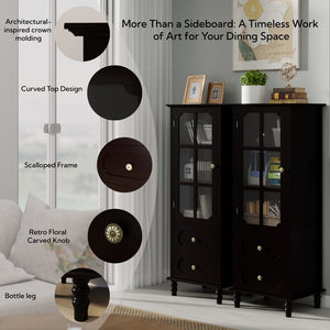 English Elm Black Narrow Farmhouse Cabinet Tempered Glass Door Brass Hardware Adjustable Shelving W2557P465809