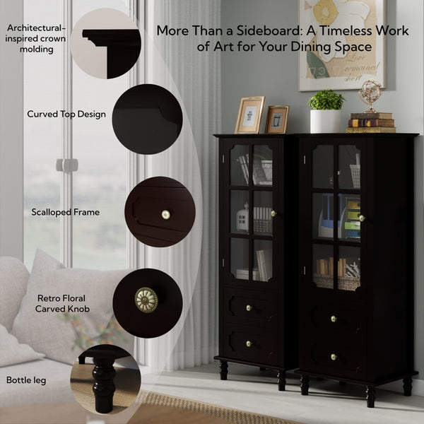 English Elm Black Narrow Farmhouse Cabinet Tempered Glass Door Brass Hardware Adjustable Shelving W2557P465809
