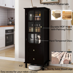 English Elm Black Narrow Farmhouse Cabinet Tempered Glass Door Brass Hardware Adjustable Shelving W2557P465809