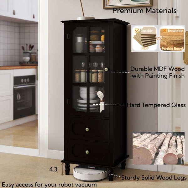 English Elm Black Narrow Farmhouse Cabinet Tempered Glass Door Brass Hardware Adjustable Shelving W2557P465809