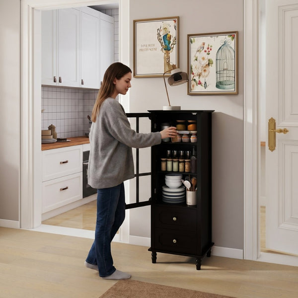 English Elm Black Narrow Farmhouse Cabinet Tempered Glass Door Brass Hardware Adjustable Shelving W2557P465809