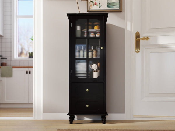 English Elm Black Narrow Farmhouse Cabinet Tempered Glass Door Brass Hardware Adjustable Shelving W2557P465809