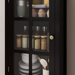 English Elm Black Narrow Farmhouse Cabinet Tempered Glass Door Brass Hardware Adjustable Shelving W2557P465809