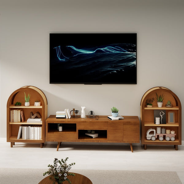 English Elm Arched Walnut Bookcase Three Shelf Open Display with Vintage Glaze Finish for Any Room W2557P476473
