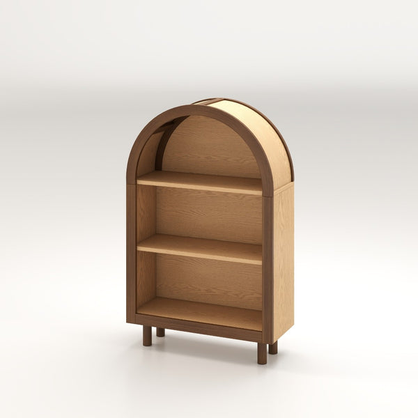 English Elm Arched Walnut Bookcase Three Shelf Open Display with Vintage Glaze Finish for Any Room W2557P476473