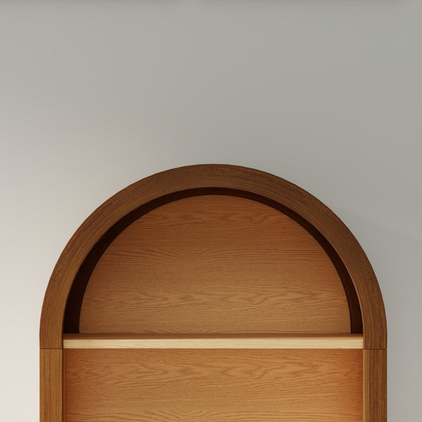 English Elm Arched Walnut Bookcase Three Shelf Open Display with Vintage Glaze Finish for Any Room W2557P476473