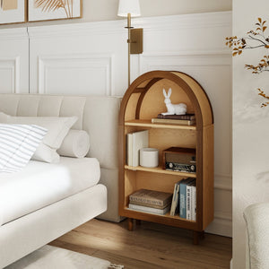 English Elm Arched Walnut Bookcase Three Shelf Open Display with Vintage Glaze Finish for Any Room W2557P476473