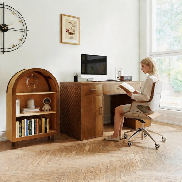 English Elm Arched Walnut Bookcase Three Shelf Open Display with Vintage Glaze Finish for Any Room W2557P476473