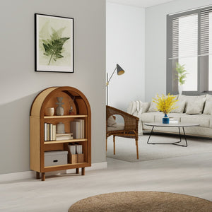English Elm Arched Walnut Bookcase Three Shelf Open Display with Vintage Glaze Finish for Any Room W2557P476473
