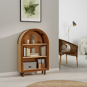English Elm Arched Walnut Bookcase Three Shelf Open Display with Vintage Glaze Finish for Any Room W2557P476473