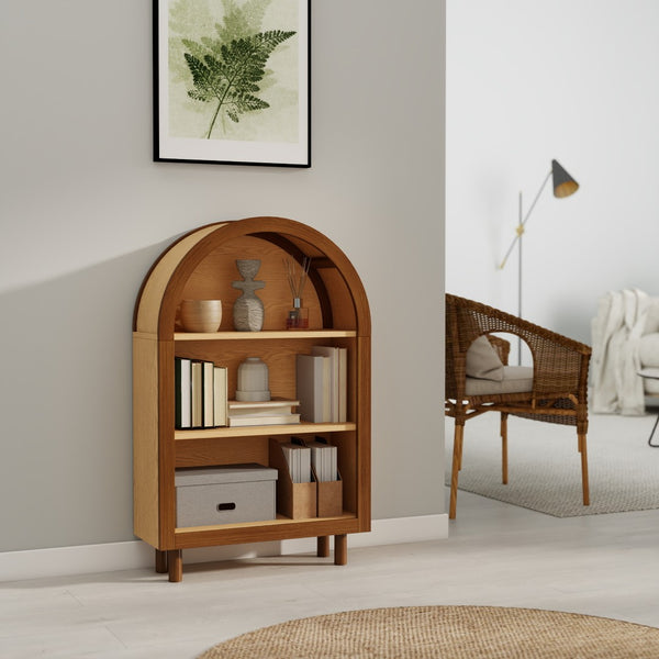 English Elm Arched Walnut Bookcase Three Shelf Open Display with Vintage Glaze Finish for Any Room W2557P476473