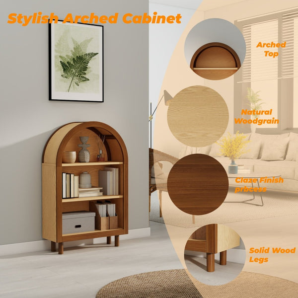 English Elm Arched Walnut Bookcase Three Shelf Open Display with Vintage Glaze Finish for Any Room W2557P476473