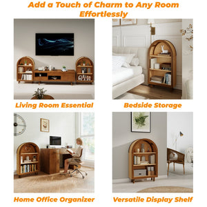English Elm Arched Walnut Bookcase Three Shelf Open Display with Vintage Glaze Finish for Any Room W2557P476473