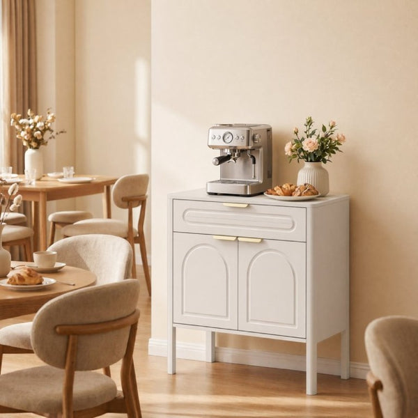 English Elm Modern Arched Matte Cabinet with Gold Pulls Engineered Wood Storage for Entryway White W2557P491094