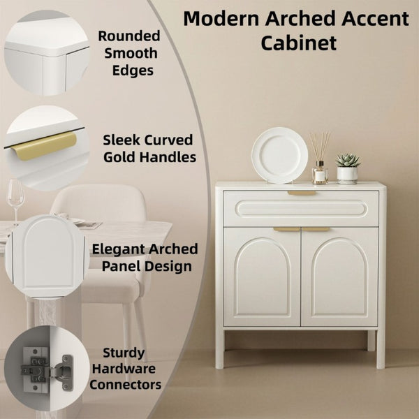 English Elm Modern Arched Matte Cabinet with Gold Pulls Engineered Wood Storage for Entryway White W2557P491094
