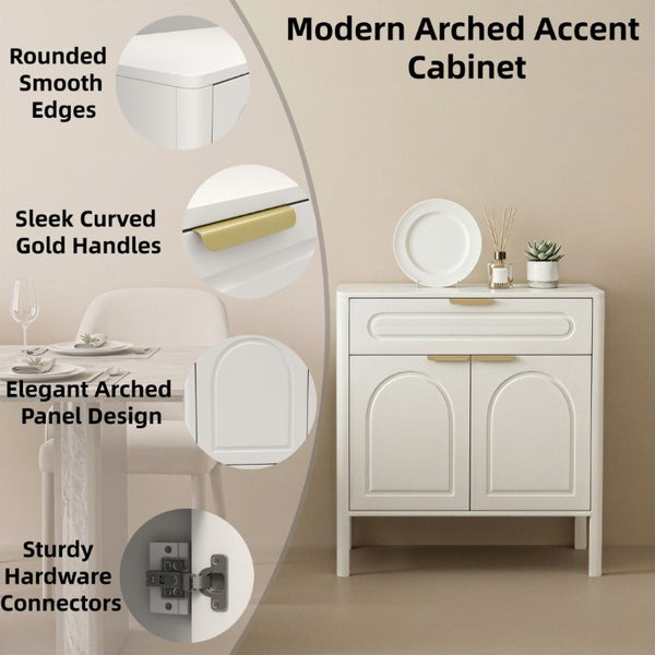 English Elm Modern Arched Matte Cabinet with Gold Pulls Engineered Wood Storage for Entryway White W2557P491094