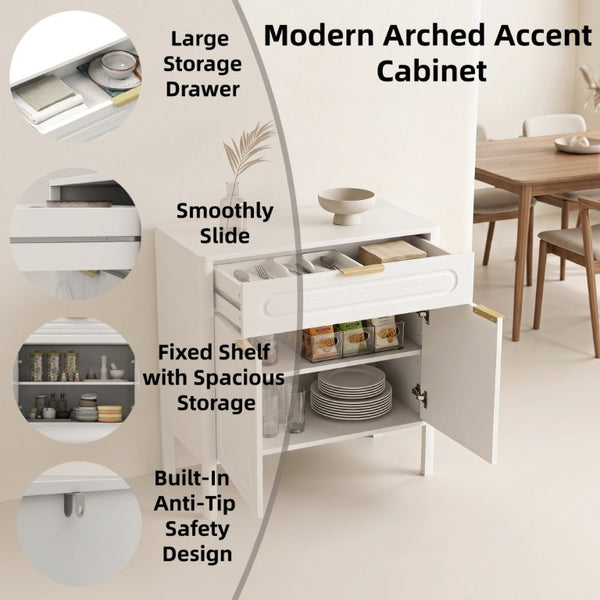 English Elm Modern Arched Matte Cabinet with Gold Pulls Engineered Wood Storage for Entryway White W2557P491094