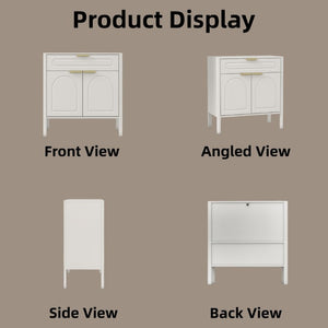 English Elm Modern Arched Matte Cabinet with Gold Pulls Engineered Wood Storage for Entryway White W2557P491094