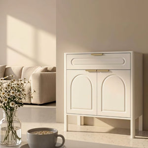 English Elm Modern Arched Matte Cabinet with Gold Pulls Engineered Wood Storage for Entryway White W2557P491094