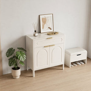 English Elm Modern Arched Matte Cabinet with Gold Pulls Engineered Wood Storage for Entryway White W2557P491094