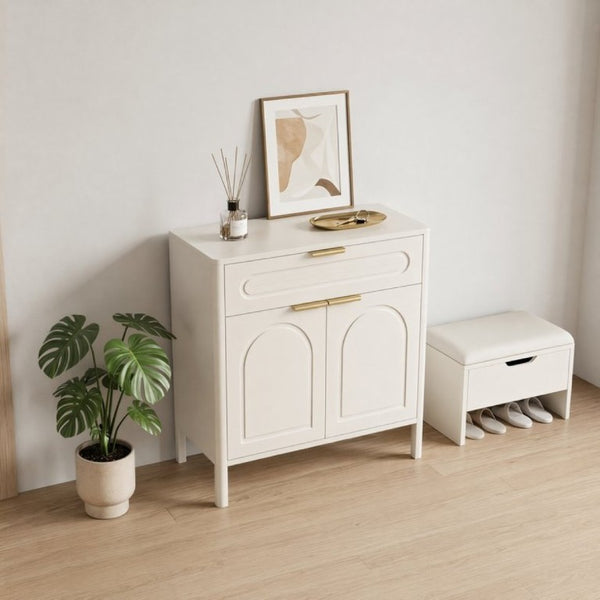 English Elm Modern Arched Matte Cabinet with Gold Pulls Engineered Wood Storage for Entryway White W2557P491094
