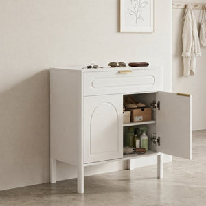 English Elm Modern Arched Matte Cabinet with Gold Pulls Engineered Wood Storage for Entryway White W2557P491094