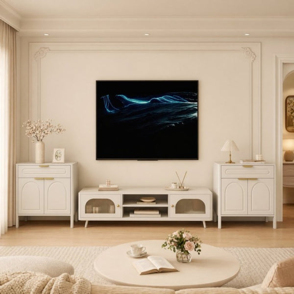 English Elm Modern Arched Matte Cabinet with Gold Pulls Engineered Wood Storage for Entryway White W2557P491094