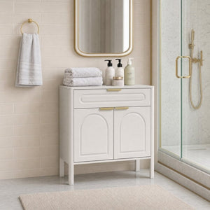English Elm Modern Arched Matte Cabinet with Gold Pulls Engineered Wood Storage for Entryway White W2557P491094