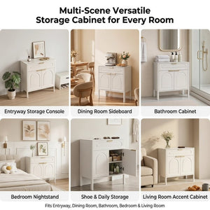 English Elm Modern Arched Matte Cabinet with Gold Pulls Engineered Wood Storage for Entryway White W2557P491094