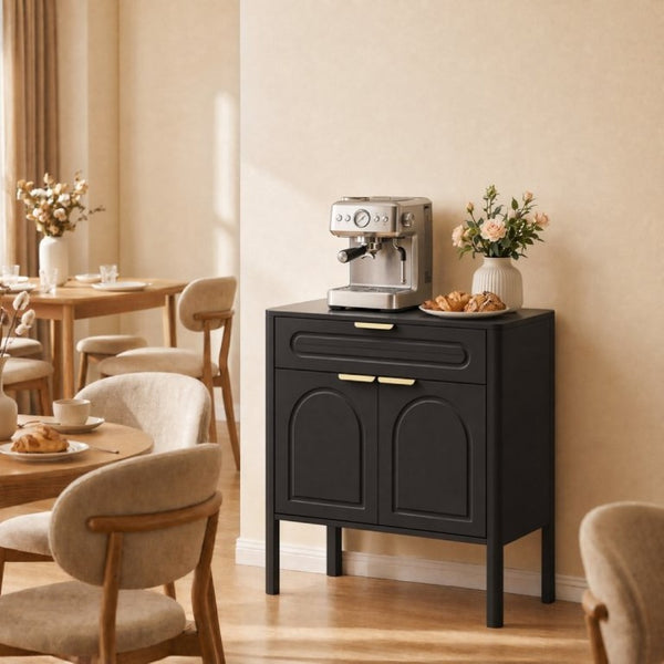 English Elm Modern Arched Matte Cabinet with Gold Pulls Engineered Wood Storage for Entryway Black W2557P491108