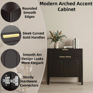 English Elm Modern Arched Matte Cabinet with Gold Pulls Engineered Wood Storage for Entryway Black W2557P491108
