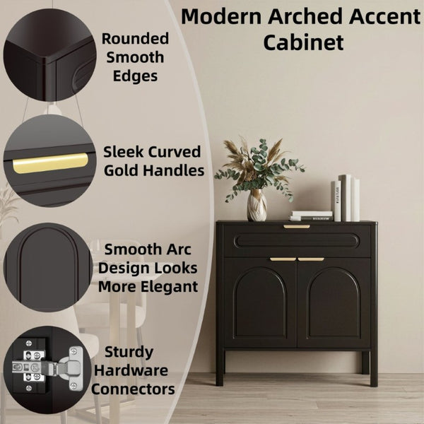 English Elm Modern Arched Matte Cabinet with Gold Pulls Engineered Wood Storage for Entryway Black W2557P491108