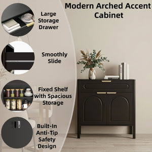 English Elm Modern Arched Matte Cabinet with Gold Pulls Engineered Wood Storage for Entryway Black W2557P491108