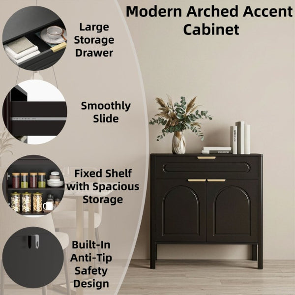 English Elm Modern Arched Matte Cabinet with Gold Pulls Engineered Wood Storage for Entryway Black W2557P491108