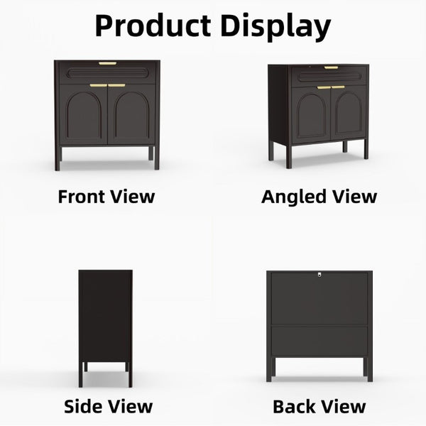 English Elm Modern Arched Matte Cabinet with Gold Pulls Engineered Wood Storage for Entryway Black W2557P491108