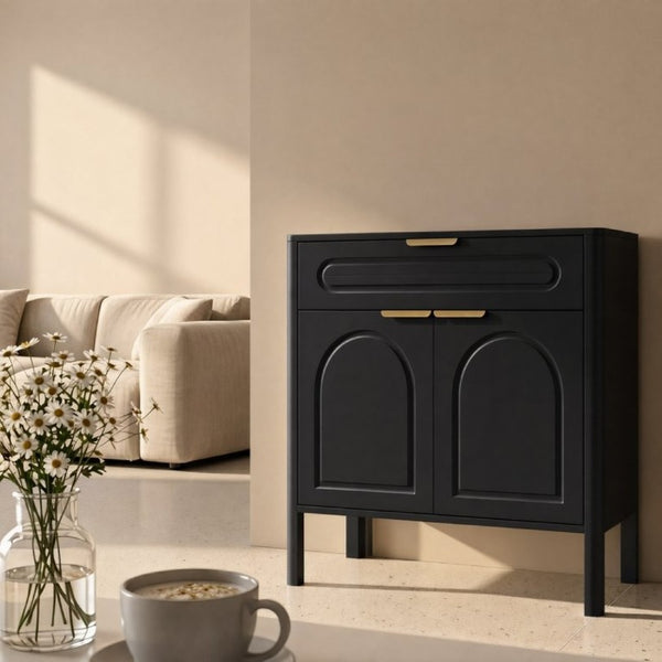 English Elm Modern Arched Matte Cabinet with Gold Pulls Engineered Wood Storage for Entryway Black W2557P491108