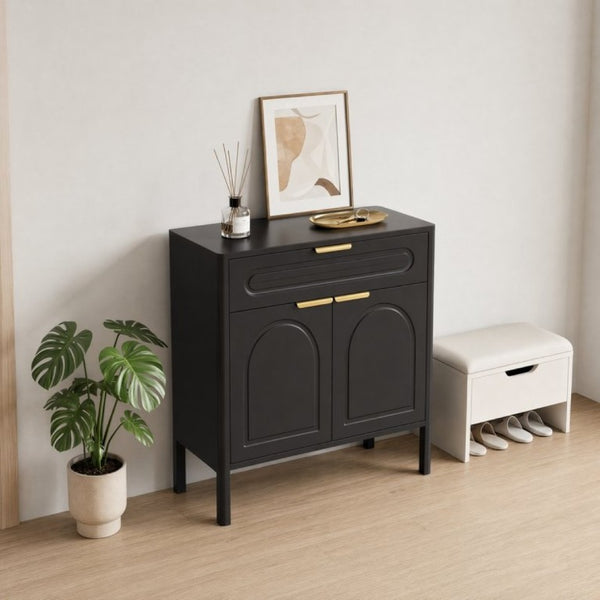 English Elm Modern Arched Matte Cabinet with Gold Pulls Engineered Wood Storage for Entryway Black W2557P491108