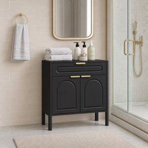 English Elm Modern Arched Matte Cabinet with Gold Pulls Engineered Wood Storage for Entryway Black W2557P491108