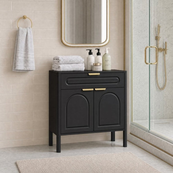 English Elm Modern Arched Matte Cabinet with Gold Pulls Engineered Wood Storage for Entryway Black W2557P491108