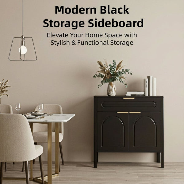 English Elm Modern Arched Matte Cabinet with Gold Pulls Engineered Wood Storage for Entryway Black W2557P491108