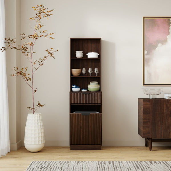 English Elm Tall Fluted Walnut Cabinet with Hidden Bin Compartment Open Shelf and Drawer W2557P492718