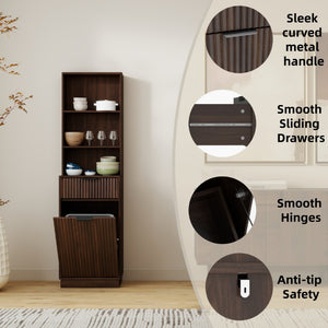 English Elm Tall Fluted Walnut Cabinet with Hidden Bin Compartment Open Shelf and Drawer W2557P492718
